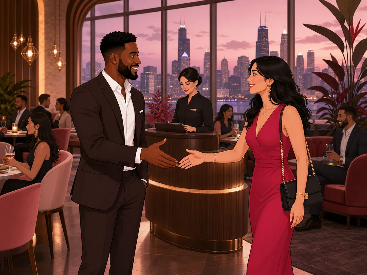 Two adults greeting each other at a staffed public Chicago lounge