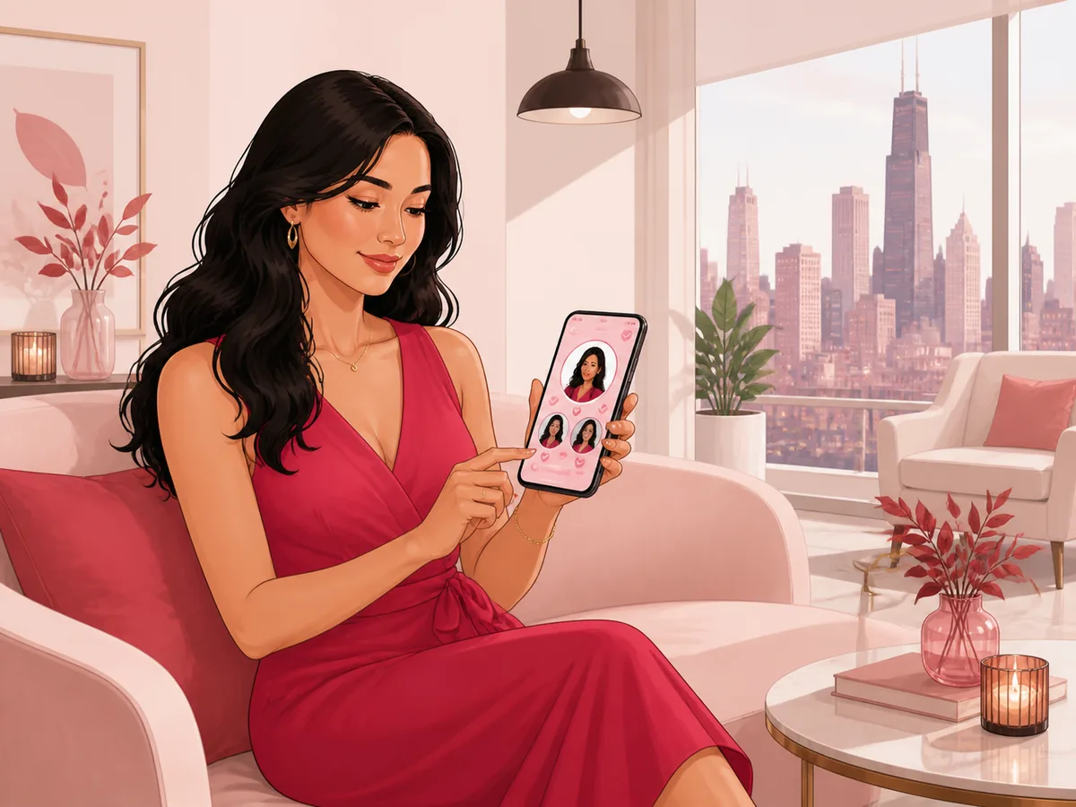 Adult woman creating a detailed profile on her phone in a Chicago apartment